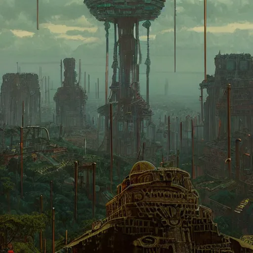 Image similar to mayan cyberpunk city in the center of redwood forest, viewed from a distance, shadow of the colossus screenshot by j. c. leyendecker, simon stalenhag, studio ghibli, and beksinski