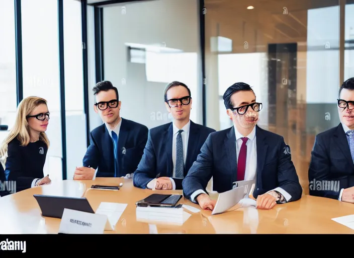 Image similar to photo of well dressed cats in spectacles at a management board meeting. Highly detailed 8k. Intricate. Sony a7r iv 55mm. Stock photo.