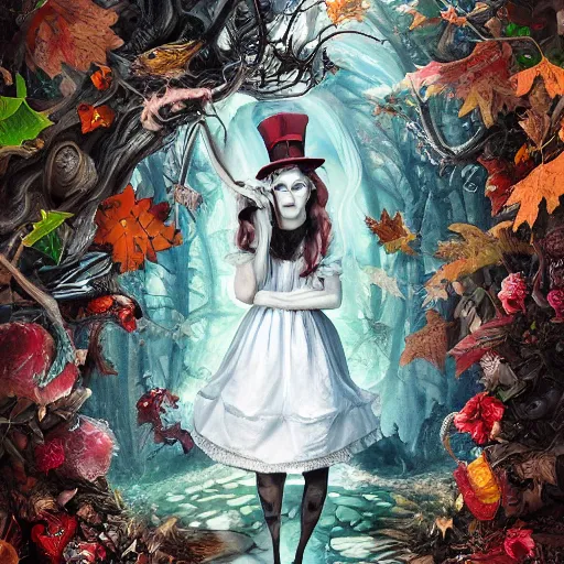 Image similar to Hell and heaven, captured in bottles, a heart full of envy, The Autumn Plague Gardener, the theme of Alice in Wonderland, digital painting, its softness partakes of fluidity, illustration, deep dark, artstation, intricate, biodiversity in a world of change and constancy, ue5, by deiv calviz and bossmonsterbani