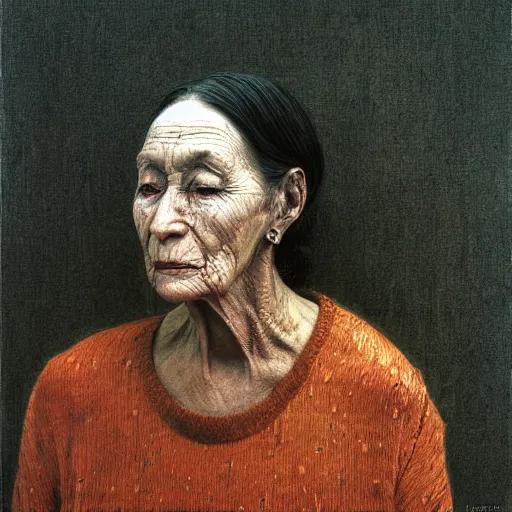 Prompt: portrait of 80 years old girl, painting by Beksinski