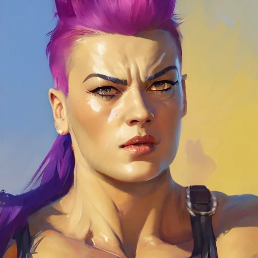 Image similar to greg manchess portrait of zarya from overwatch in disco elysium, fantasy, medium shot, asymmetrical, profile picture, organic painting, sunny day, matte painting, bold shapes, hard edges, street art, trending on artstation, by huang guangjian and gil elvgren and sachin teng