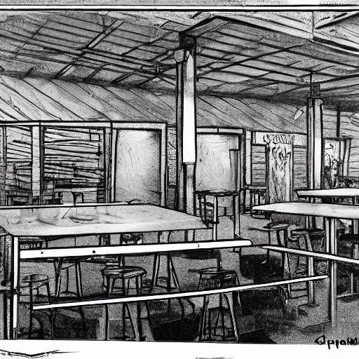 Prompt: interior drawing of the sketchy and shady roast beef shack in the bad part of town.