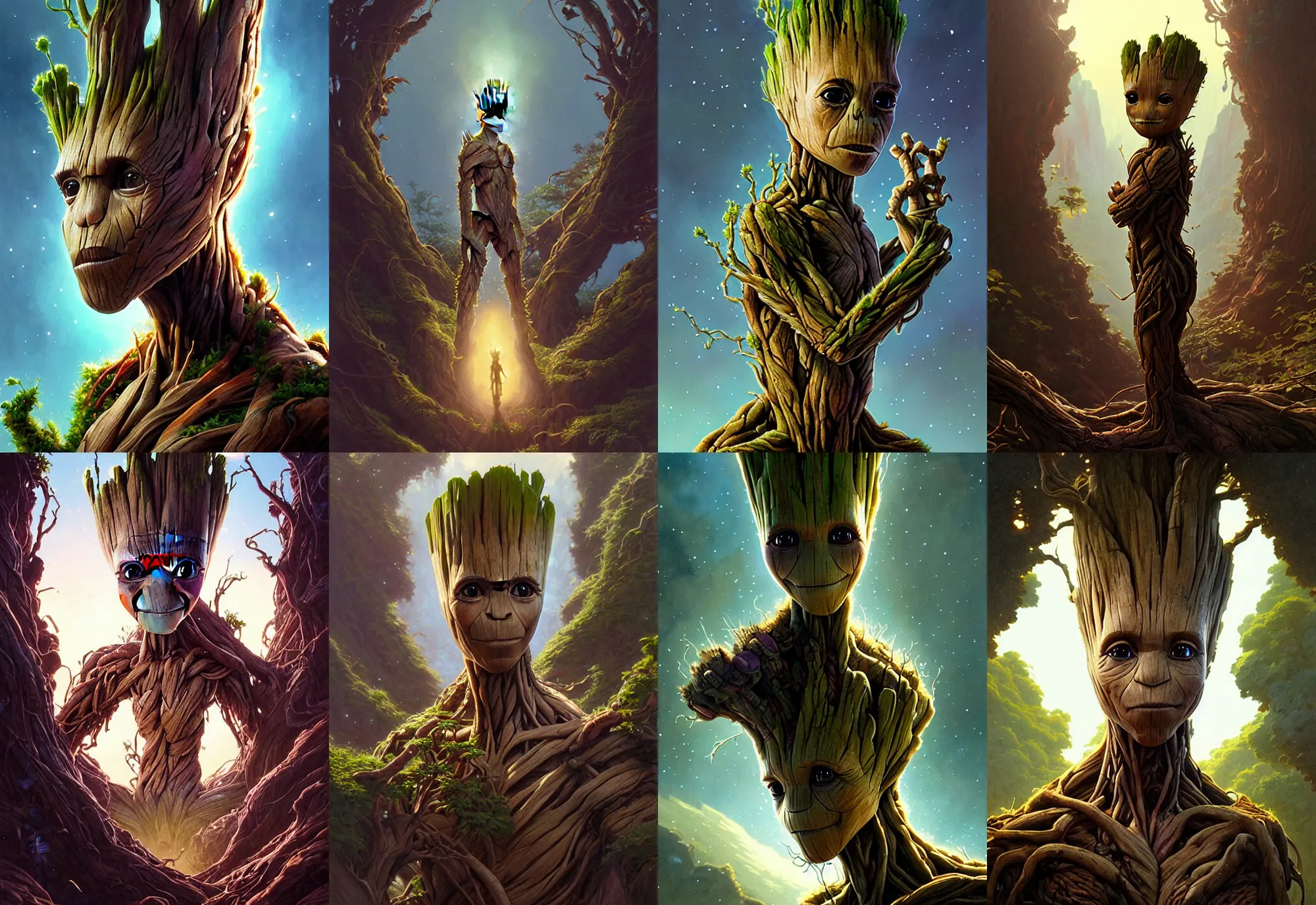 Prompt: highly detailed portrait of groot, stephen bliss, unreal engine, fantasy art by greg rutkowski, loish, rhads, ferdinand knab, makoto shinkai and lois van baarle, ilya kuvshinov, rossdraws, tom bagshaw, alphonse mucha, global illumination, radiant light, detailed and intricate environment, sorry @ sarum lol