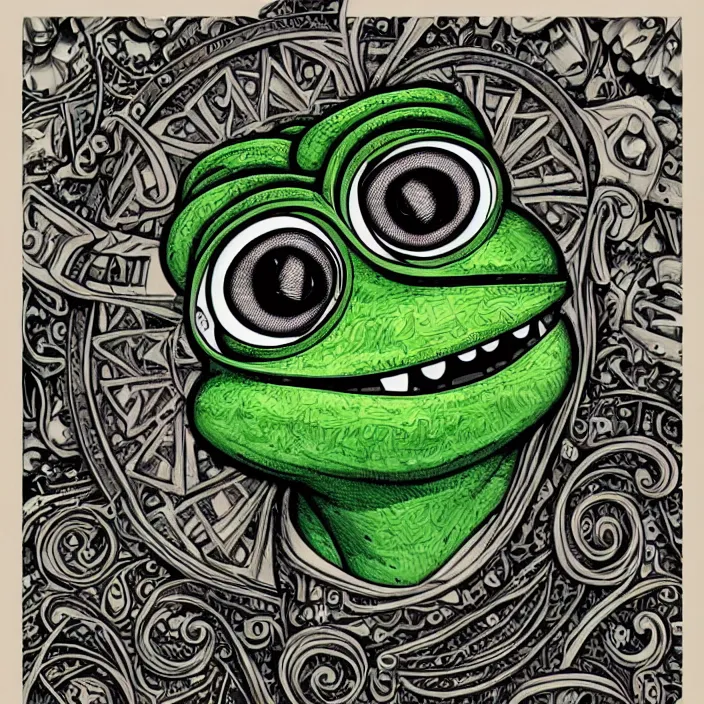 Prompt: pepe the frog, ultra realistic illustration of a retro futuristic female cyborg punk art nouveau filgree scrollwork, masterpiece, intricate, highly detailed, sharp