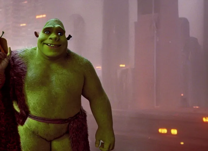 Image similar to film still shrek in blade runner, 8 k