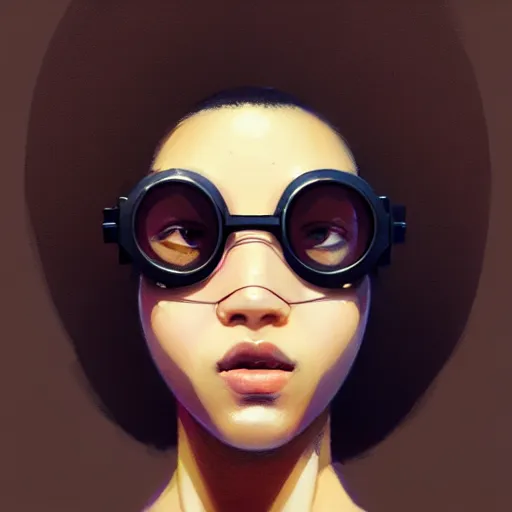 Image similar to Beautiful woman wearing opaque goggles profile picture by Greg Rutkowski, brown skin, long afro hair, asymmetrical, studio ghibli, Organic Painting , Matte Painting, geometric shapes, hard edges, street art, trending on the artstation, fantasy LUT, realistic by Sachin Teng,