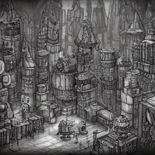 Image similar to machinarium city, sketch, fantasy style, super high detail, super high quality, talented artist, trending on artstation