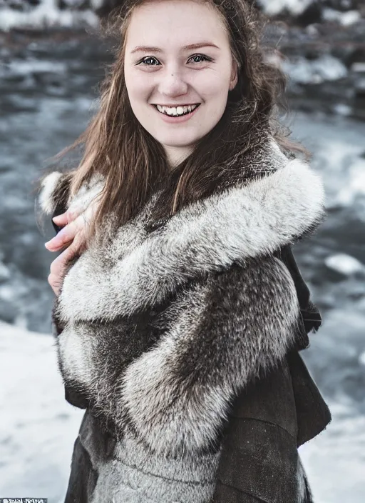 Image similar to Mid-shot portrait of a beautiful 20-year-old woman from Iceland, smile, candid street portrait in the style of Martin Schoeller award winning, Sony a7R