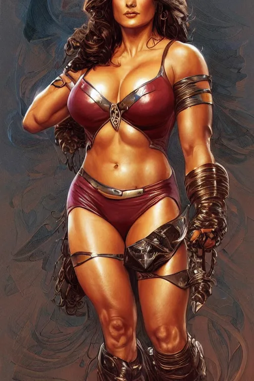 Image similar to muscled Salma Hayek as a ruggedly handsome super heroine, intricate, elegant, highly detailed, centered, digital painting, artstation, concept art, smooth, sharp focus, illustration, art by artgerm and donato giancola and Joseph Christian Leyendecker, Ross Tran, WLOP