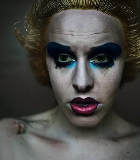 Prompt: a high quality, high detail, portrait of a drag queen by kyle thompson, intense look in the eyes, moody, nostalgic