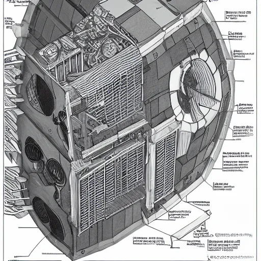 Image similar to axonometric cutaway drawing of the death star