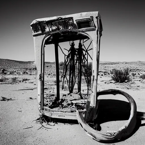 Image similar to a broken time machine stranded in a desert