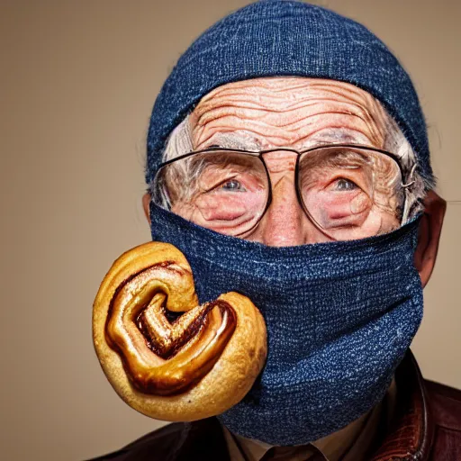 Image similar to an elderly man wearing a mask made from cinnabon, bold natural colors, national geographic photography, masterpiece, 8 k, raw, unedited, symmetrical balance