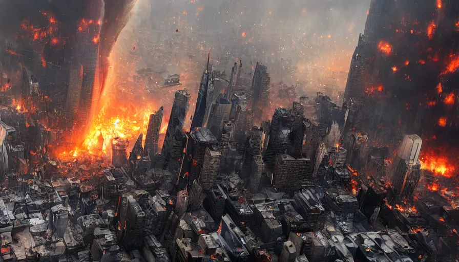 Prompt: movie poster of new york city destroyed bu tornado, fire, debris, destruction, hyperdetailed, artstation, cgsociety, 8 k