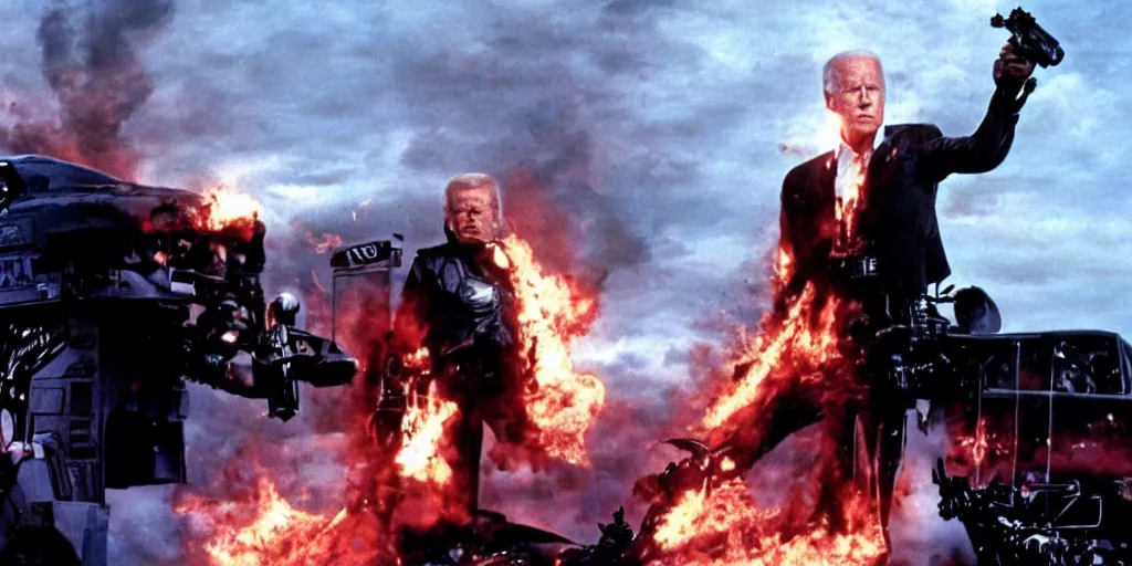 Image similar to joe biden in the terminator executing donald trump, cinematic, establishing shot, extremly high detail, photorealistic, cinematic lighting, style by James Gurney