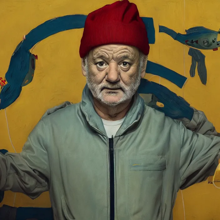 Image similar to portrait of bill murray as steve zissou, painting in the style of Wes Anderson. intricate artwork. by Van Gogh. octane render, trending on artstation, greg rutkowski very coherent symmetrical artwork. cinematic, high detail, octane render, 8k, iridescent accents