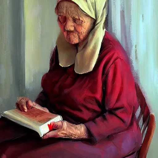 Image similar to a babushka reading a book, portrait, by wlop