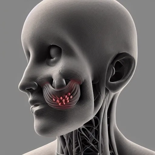 Image similar to 3 d render, portrait of human where all organs of human body goes out of the mouth, art nouveau, cyberpunk, grainy image