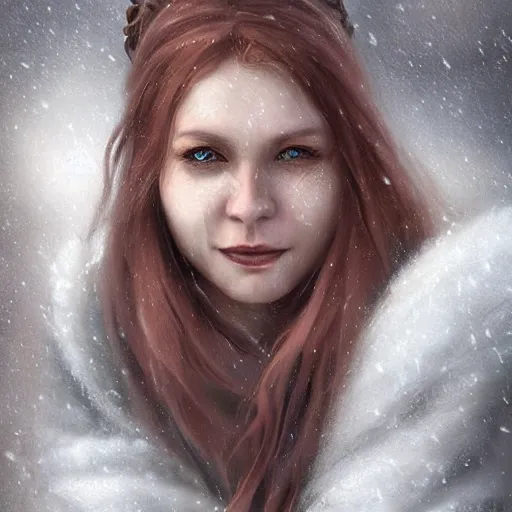 Image similar to epic portrait An viking woman smiling in blizzardy winter, beauty, pretty face, glossy skin, beautiful eyelashes, red long flowing hair, blurry backround, digital painting, artstation, concept art, soft light, hdri, smooth, sharp focus, illustration, fantasy, intricate, elegant, highly detailed, D&D, matte painting, in the style of Greg Rutkowski and Alphonse Mucha and artemisia, 8k, highly detailed, jurgens, rutkowski, bouguereau, pastoral, rustic, georgic