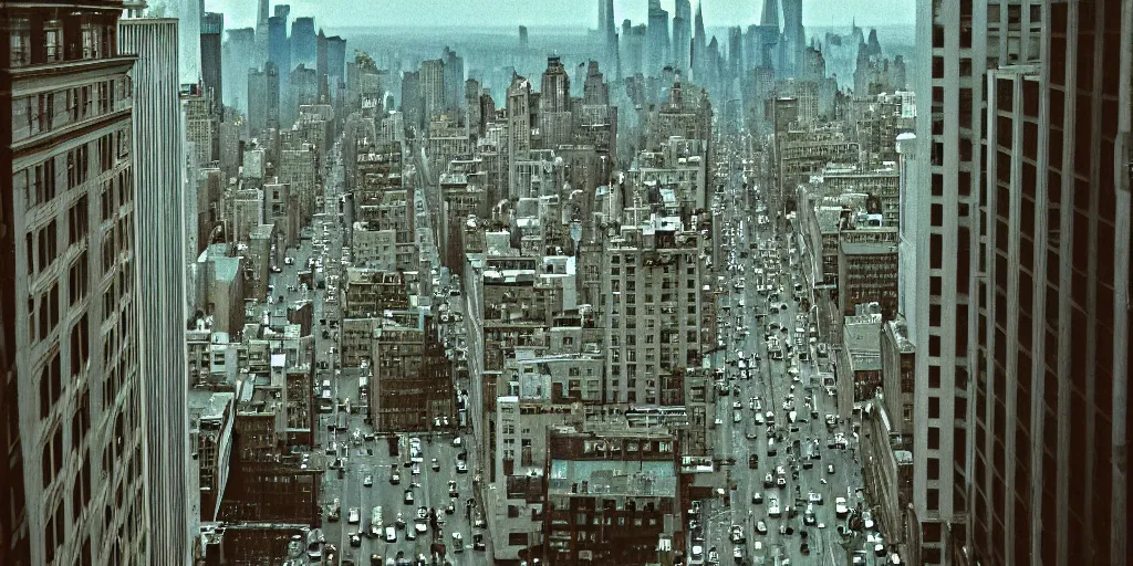 Prompt: a real photo of a beautiful new york street viewed from a very far away skyscraper's window, by william eggleston, color photography, ultra detailed, cinematic, 4 k uhd