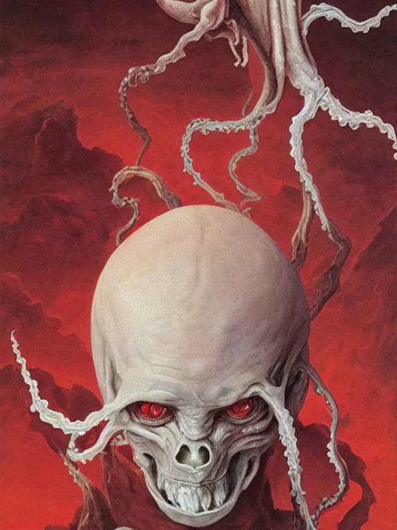 Image similar to painting by wayne barlowe of a flying sorrowful looking severed human head with tears running down it's eyes, face that is chalk white in color, with long sprawling white tentacles stemming down it's neck, fiery scorching red eyes, flying in a terrying hellish dark cavernous place