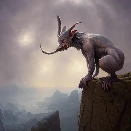 Prompt: Beautiful hyperrealistic detailed matte painting of a grey goblin with long ears and a triangular upwards pointing nose, by andreas rocha and john howe, and Martin Johnson Heade, featured on artstation, featured on behance, golden ratio, ultrawide angle, f32, well composed, cohesive