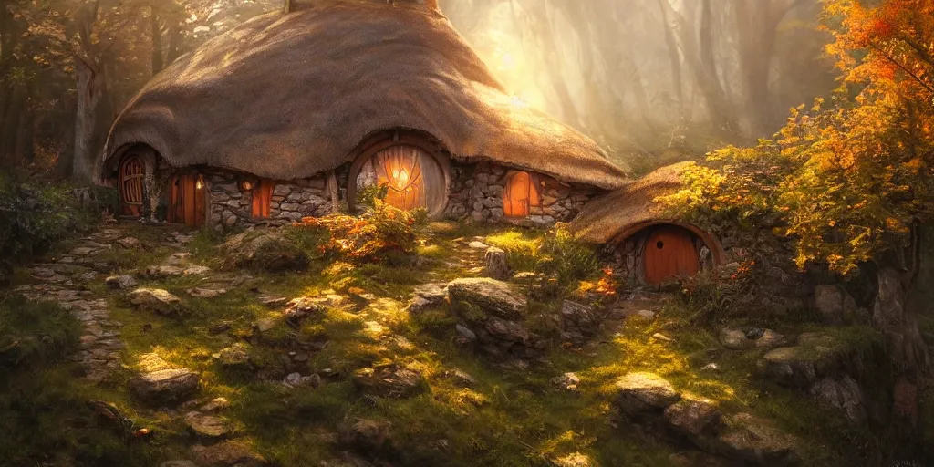 Image similar to a hobbit cottage on top of a steep hill, greg rutkowski, zabrocki, moebius, karlkka, jayison devadas, highly detailed, photorealism, autumn sunlights, smoky atmosphere, ( ray of sunlight ), trending on artstation, 8 k, ultra wide angle, zenith view, pincushion lens effect