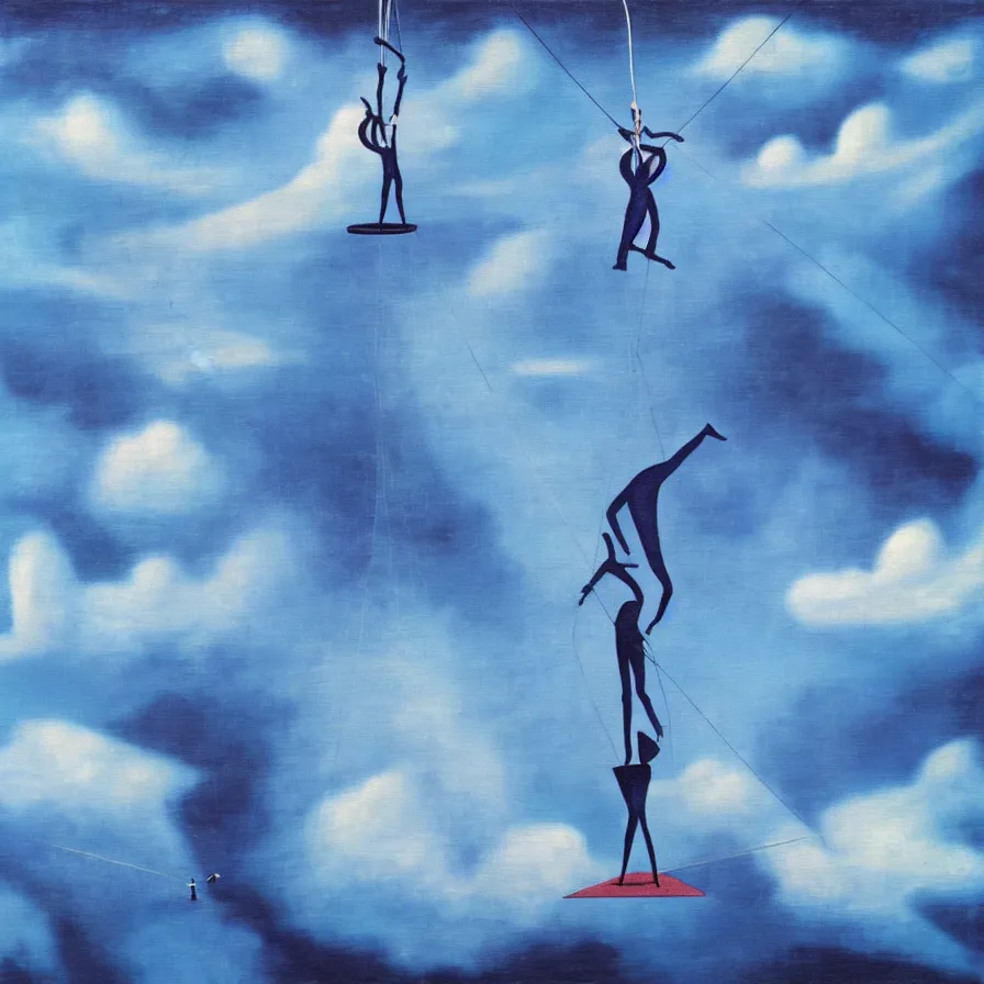 Prompt: surrealist artwork about a tightrope walker among the clouds falling down into a megacity full of illusions '. blue indigo colour scheme