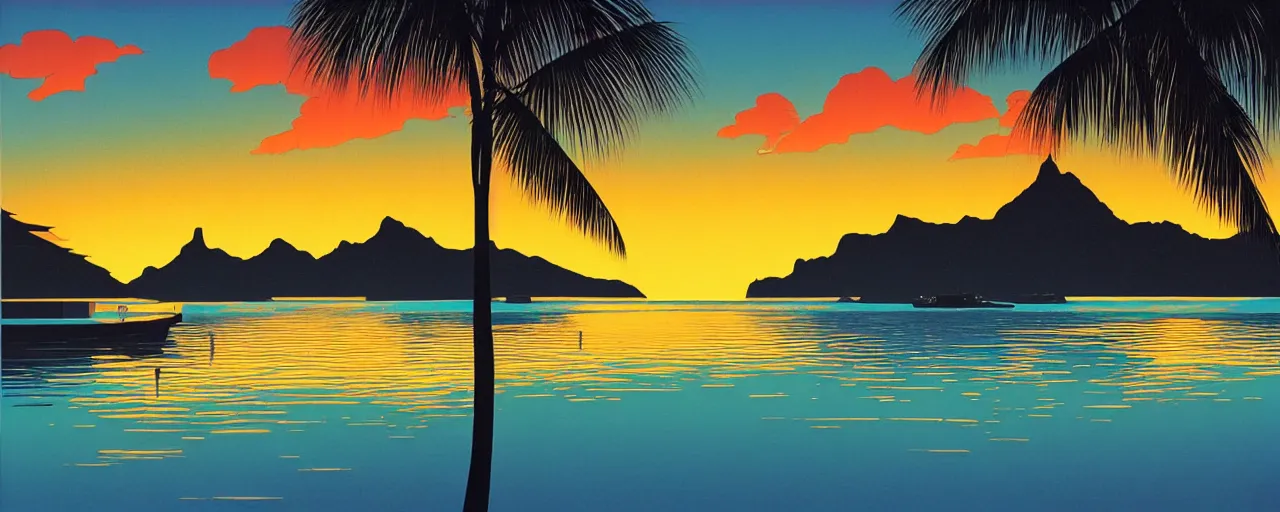 Image similar to serene bora bora landscape, golden hour, hiroshi nagai