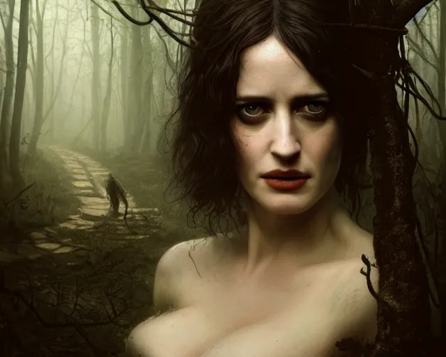 Image similar to 5 5 mm portrait photo of a real life tough looking eva green as ciri with ashen hair and a large scar along her left cheek, in a magical forest. dark atmosphere. art by greg rutkowski. highly detailed 8 k. intricate. lifelike. soft light. nikon d 8 5 0.