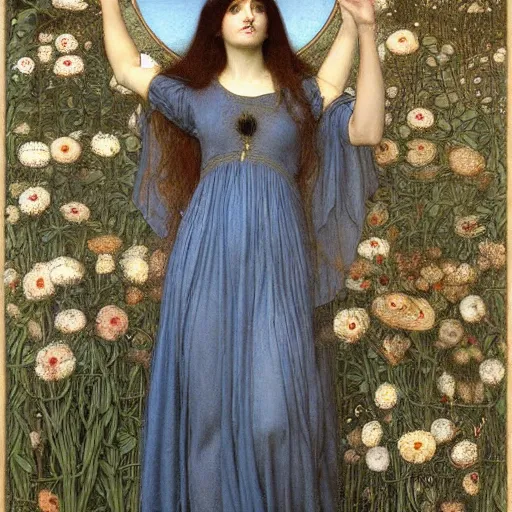 Prompt: Symmetric Pre-Raphaelite painting of a beautiful woman with dark hair in a transparent silk light blue dress, surrounded by a halo of flowers and highly detailed neural networks and highly detailed geometric drawings and highly detailed mathematical drawings, by John William Waterhouse, Pre-Raphaelite painting