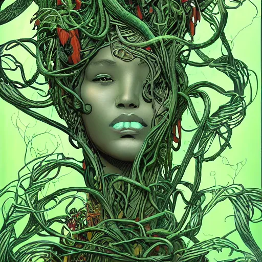 Image similar to full body portrait EXTREMELY DETAILED TWISTED DENSE vegetation stunning jungle beautifully-rendered verdant green ENT NYMPH twisting winding knotted tangled vines and trees by moebius human form by James Jean, by Mike Mignola comic graphic novel style action illustration COMPLICATED INTRICATE BUSY, gritty textured, trending on artstation