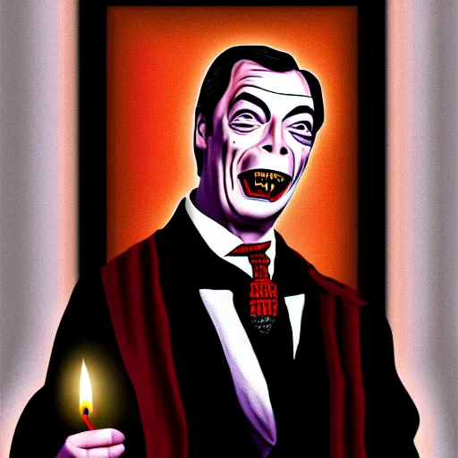 Image similar to nigel farage as count dracula, single candle light, digital painting, detailed, artistic, dramatic colors