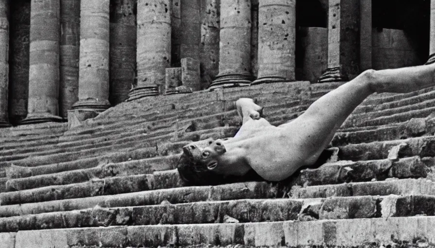 Prompt: 1 9 6 0 s movie still close - up of caligula laying dead on the ancient amphitheater's stairs wounded on the torso, cinestill 8 0 0 t 3 5 mm, high quality, heavy grain, high detail, dramatic light, anamorphic