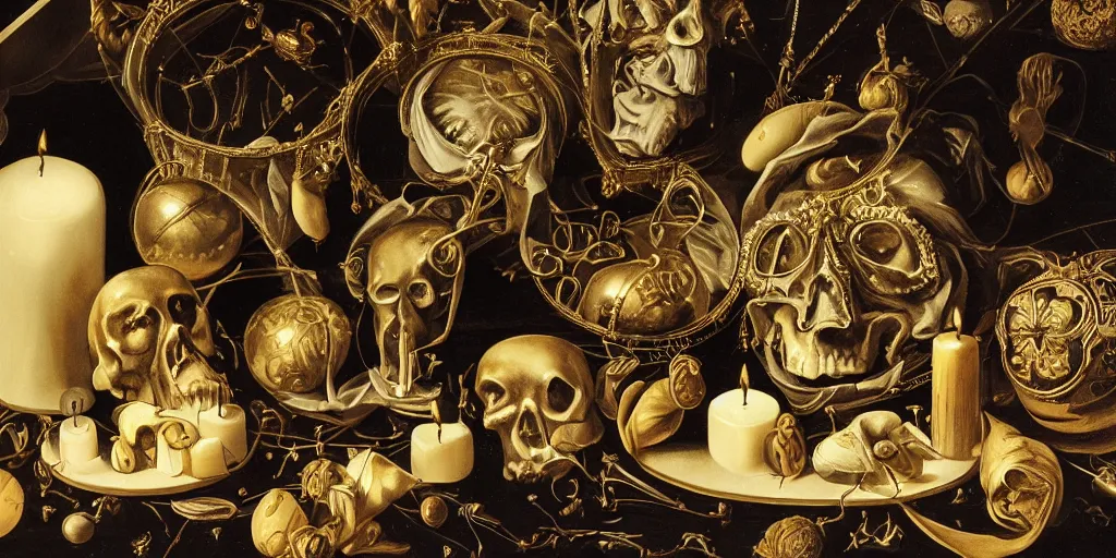 Image similar to memento mori, celestial bodies, ornate palace, masquerade balls, candles, musical instruments by caravaggio