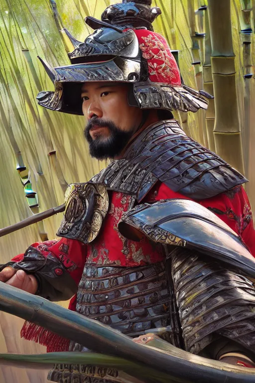 Image similar to close up of samurai general in full armor, in a bamboo forest, by vladimir volegov and alexander averin and delphin enjolras and daniel f. gerhartz, ultra realistic, concept art, intricate details, highly detailed, photorealistic, octane render, 8 k, unreal engine