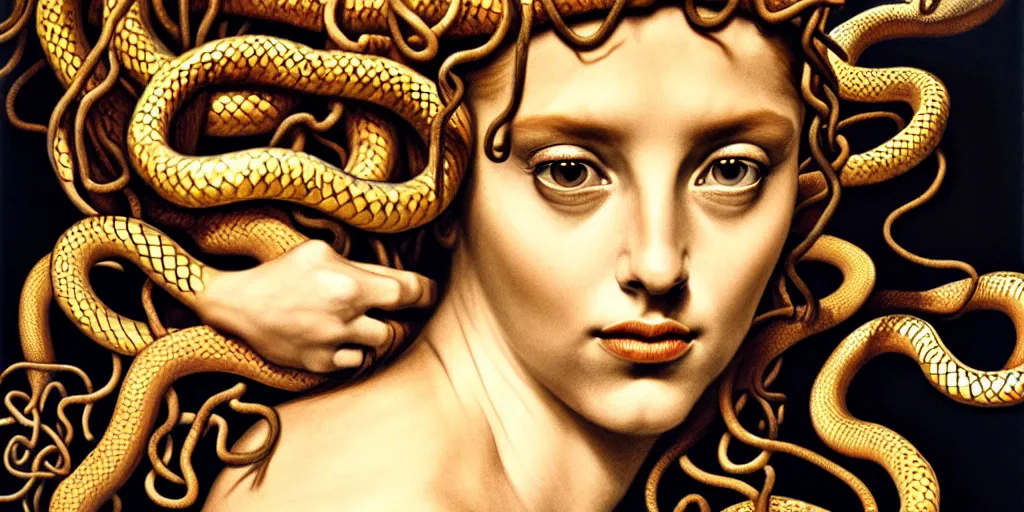 Image similar to realistic portrait of beautiful medusa with her snakes, golden, facing the camera, delicate, hyper realism, 1 4 5 0, ink, ultra realistic, 8 k