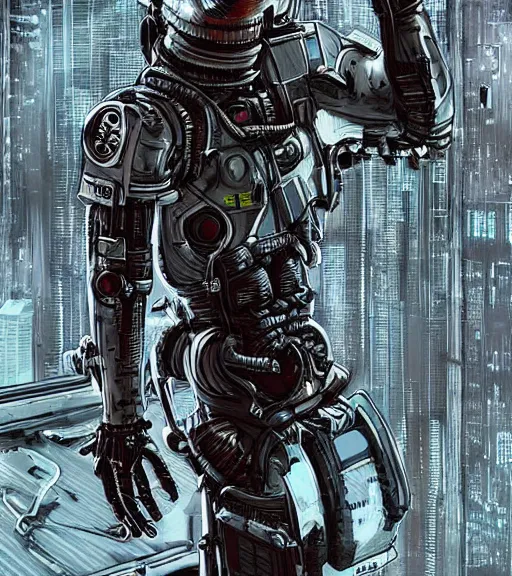 Prompt: realistic cyberpunk engineer with long limbs and a black spacesuit on a spacewalk, techwear, dead space, visible face, Industrial Scifi, detailed illustration, character portrait, by Ashley Wood and Moebius