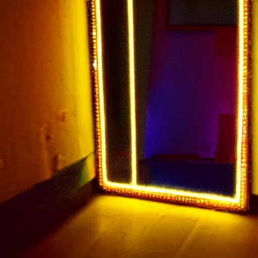 Prompt: looking inside at a fun house mirror, illuminated by florescent lights, dramatic, spooky, lighting fall off, infinite reflections