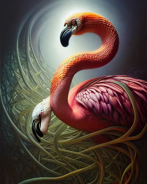 Image similar to a detailed portrait of dreampunk flamingo python hybrid mix goddess by tomasz alen kopera and peter mohrbacher