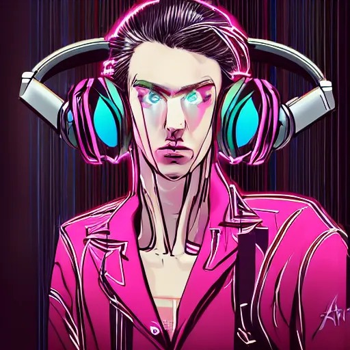 Prompt: a drawing of a person with headphones on, cyberpunk art by Hirohiko Araki, behance, funk art, synthwave, darksynth, official art