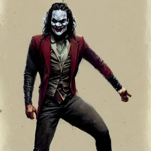 Image similar to jason momoa as joker, full body, dynamic pose, painted by greg rutkowski