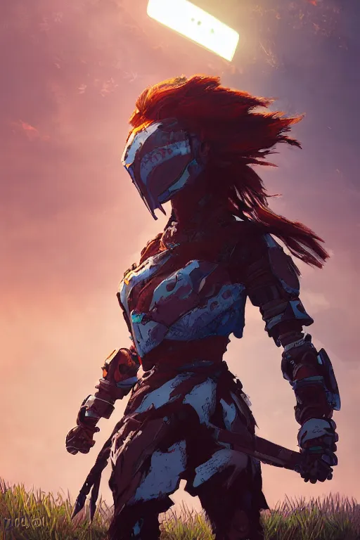 Image similar to combination suit armor aloy horizon forbidden west horizon zero dawn radiating a glowing aura global illumination ray tracing hdr fanart arstation by ian pesty and alena aenami artworks in 4 k tribal robot ninja mask helmet backpack