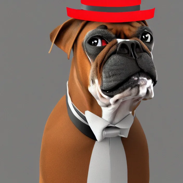 Image similar to 3d render of a boxer dog wearing a top hat and a monocle, blurred background of a fancy house