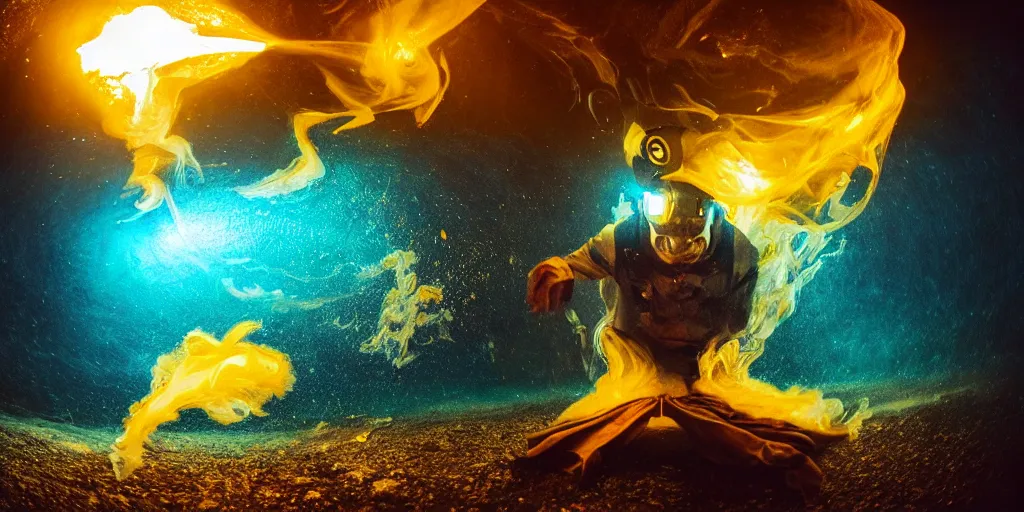 Image similar to underwater fisheye slow motion with trail fire effect of futuristic break dancer wearing long dark cloak and golden helmet emitting magic dust and fire, long exposure shot , enigmatic, at night underwater in the middle of the arctic with red light A letter, paddle of water, steam, fog, water splashes, rim lights, glossy reflections, water droplets on lens, octane render, Volumetric dynamic lighting, stunning cover magazine, high details, hajime sorayama