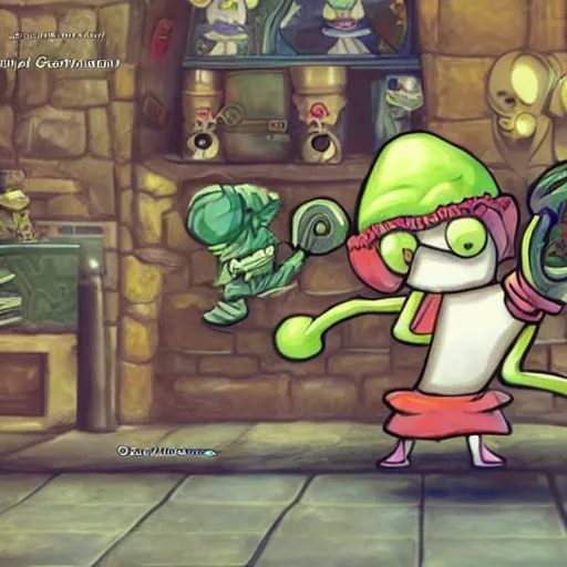 Image similar to squidward dabbing at goblins, vanillaware artwork, george kamitani