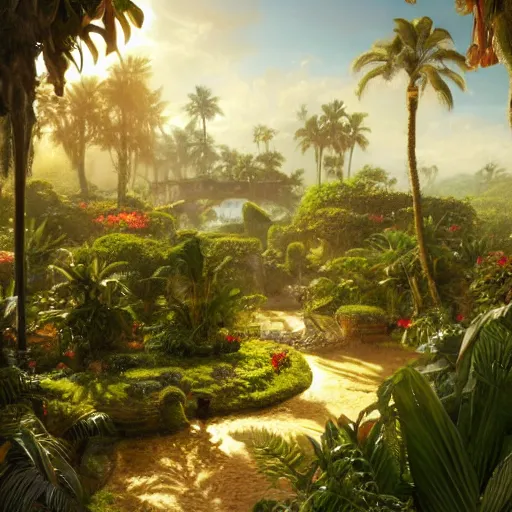 Image similar to a highly detailed matte painting of a garden hedge with tropical flowers, large palm trees, epic fantasy, god rays, ultrawide lens, aerial photography, unreal engine, exquisite detail, 8 k, art by greg rutkowski and alphonse mucha