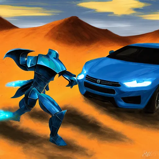 Image similar to dragon fire vs blue armor knight shield, green car hatchback, desert landscape, greg manchess, akehiko inoue and ross tran