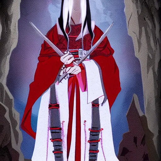 Prompt: samarai cloaked in white with swords, standing in light beam of a dark cave, ruby red sorrow, high quality, ultra detail.