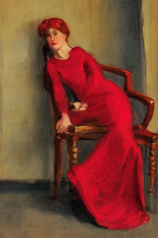 Image similar to an empty red dress laid across a chair in a dark victorian era room. in the style of american impressionism painting.